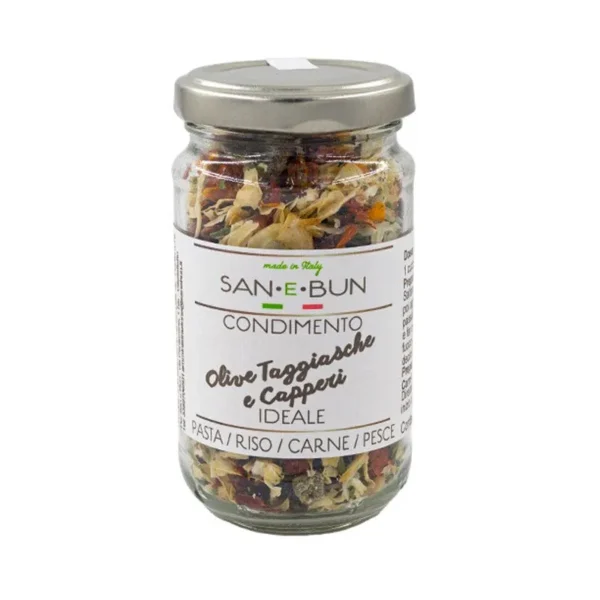 Przyprawa z suszonych oliwek Taggiasca i kaparów w szklanym słoiku