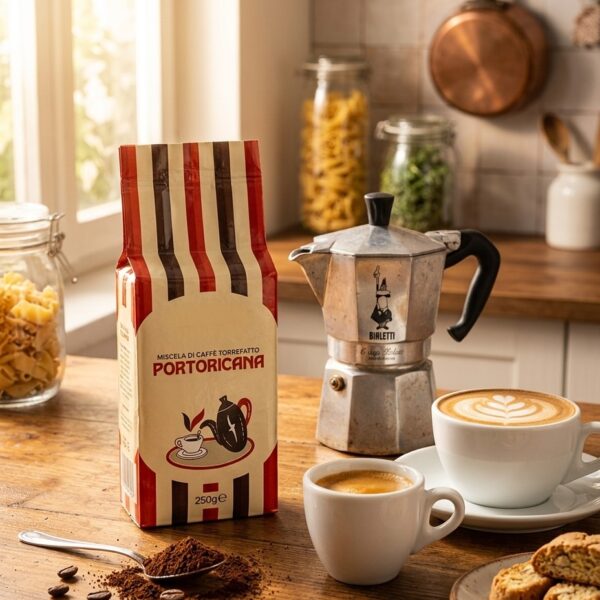 Włoska kawa mielona Barale Portoricana 250 g na kuchennym blacie z kawiarką Bialetti i espresso