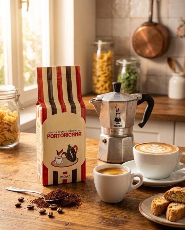 Włoska kawa mielona Barale Portoricana 250 g na kuchennym blacie z kawiarką Bialetti i espresso