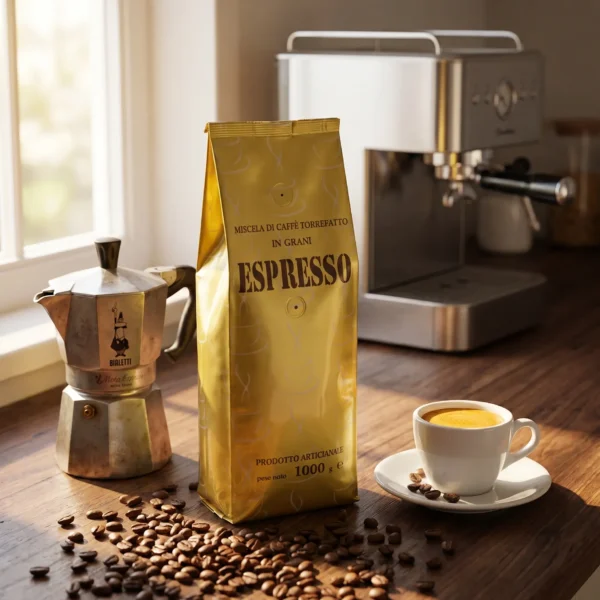 Włoska kawa Caffè Barale Espresso 1kg na blacie z espresso w filiżance i kawiarką moka