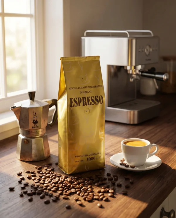 Włoska kawa Caffè Barale Espresso 1kg na blacie z espresso w filiżance i kawiarką moka