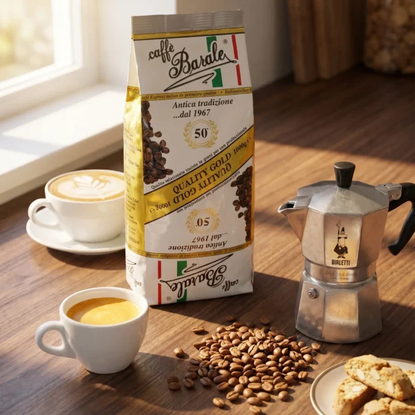 Caffè Barale Quality Gold 1kg na blacie z cappuccino i biscotti — premium włoska kawa