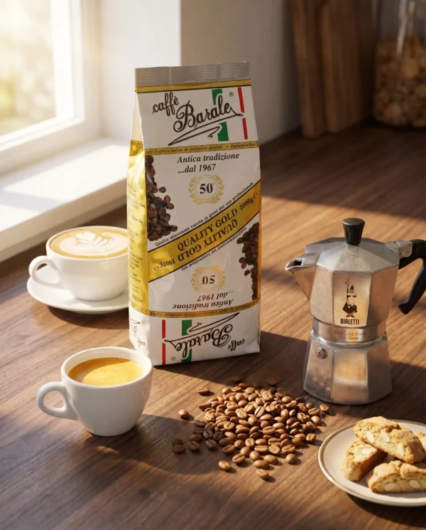 wloska-kawa-baralle-gold-lifestyle-01-4x5 Caffè Barale Quality Gold 1kg na blacie z cappuccino i biscotti — premium włoska kawa