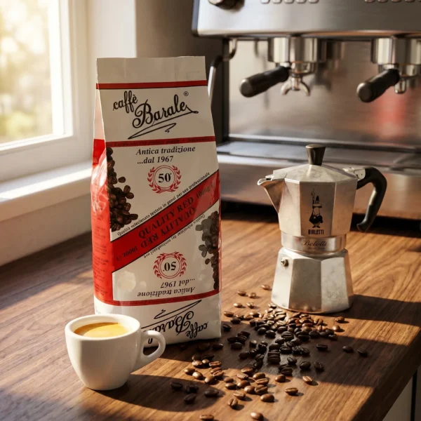 Caffè Barale Quality Red 1kg na blacie z espresso i moka Bialetti — włoska kawa korzenna