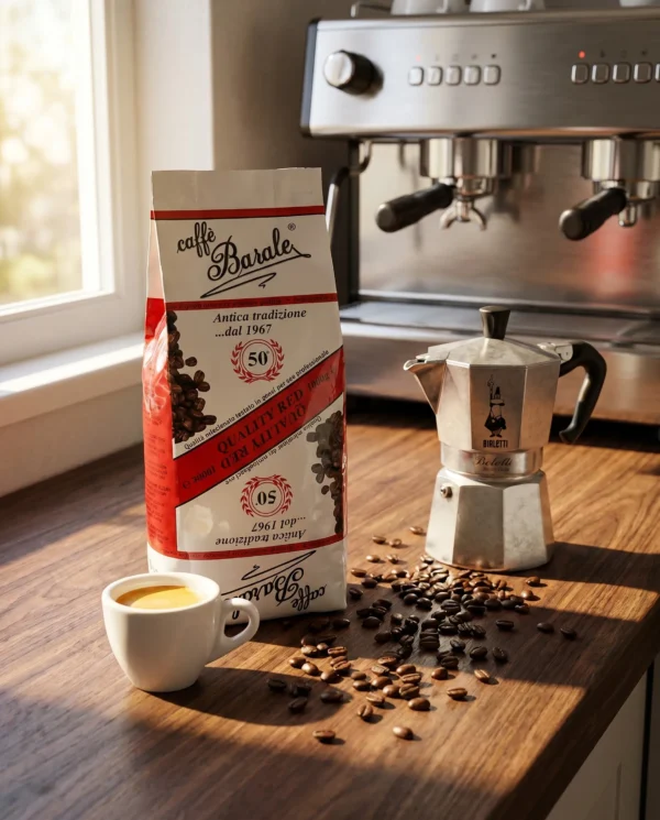 Caffè Barale Quality Red 1kg na blacie z espresso i moka Bialetti — włoska kawa korzenna