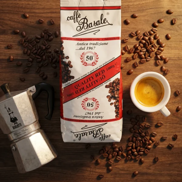 Quality Red Caffè Barale 1kg widok z góry — espresso, ziarna kawy, kawiarka Bialetti
